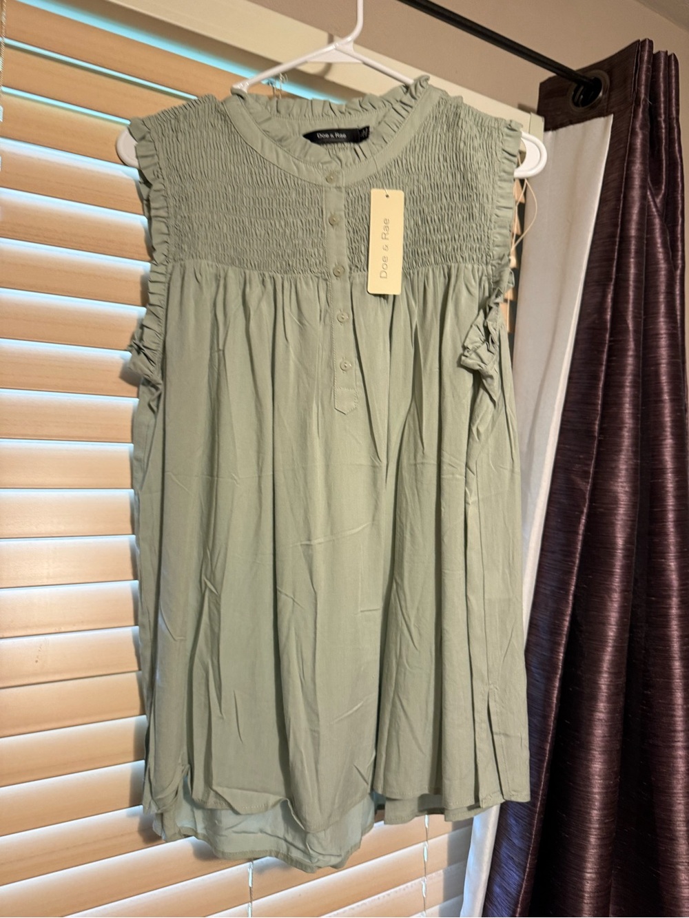 Doe & Rae Sage Green Smocked Ruffle Sleeveless Tunic